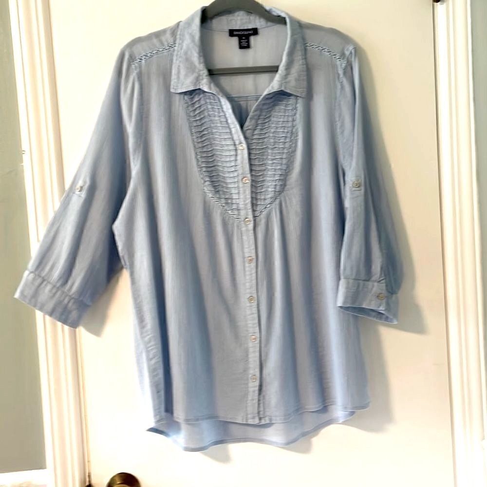 Bandolino blue crinkle cotton yoke detail button up convertible sleeve blouse XL